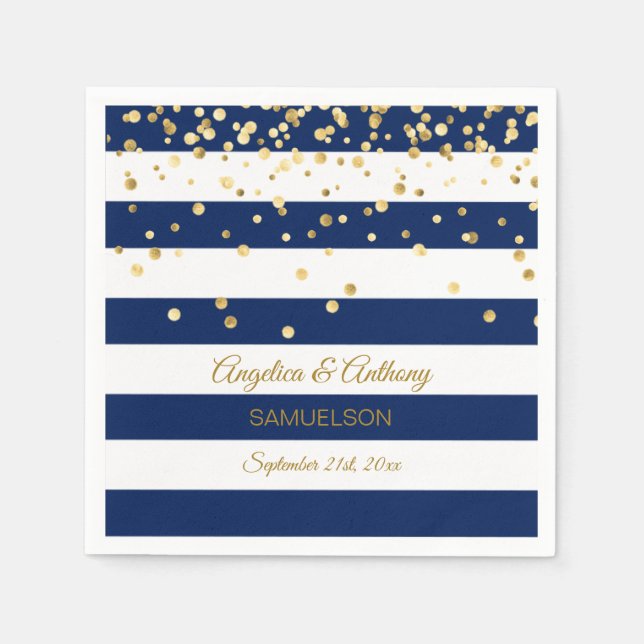 Custom Stripes Navy Blue Gold Wedding Anniversary Paper Napkins (Front)