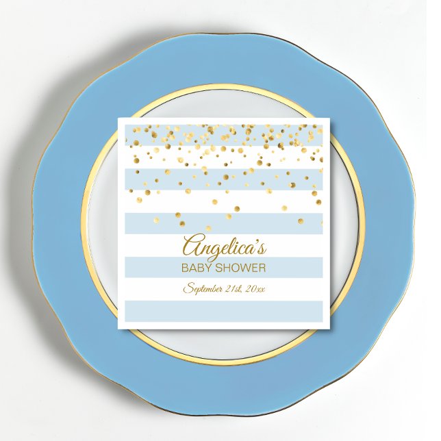 Custom Stripes Pastel Blue Gold BOY BABY Shower Napkins (Creator Uploaded)
