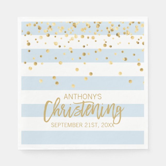 Custom Stripes Pastel Blue Gold BOY CHRISTENING Napkins (Front)