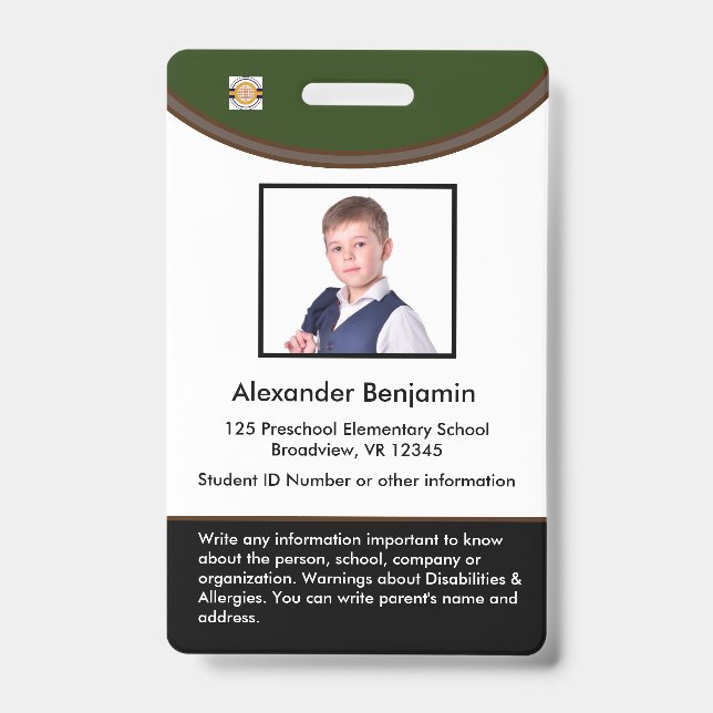 Custom Student Child Kid Photo Name Logo Bar Code  Badge (Front)