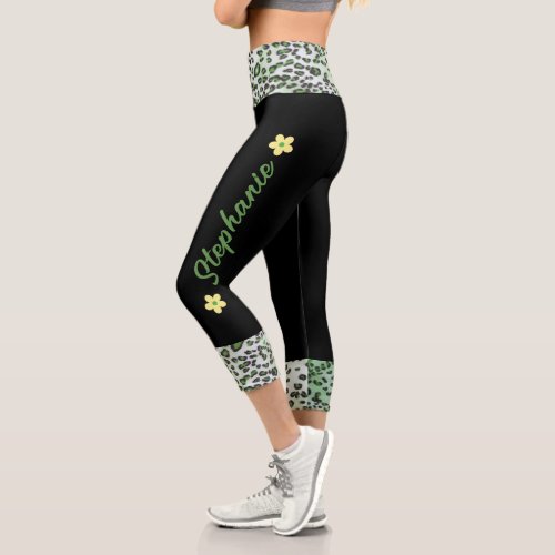 Custom Stylish Black  Green Leopard Print Womens Capri Leggings