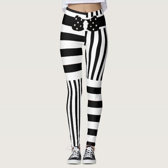 Custom Stylish Black White Stripes & Polkadot Bow  Leggings (Front)