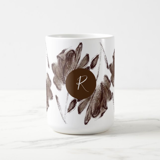 Custom Stylish Brown Watercolor Floral Monogrammed Coffee Mug (Center)