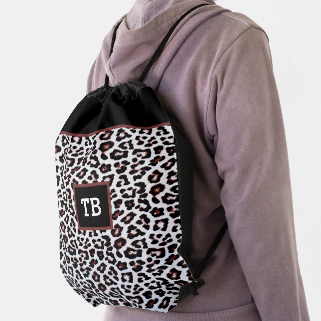 Custom  Stylish Brown White Black Leopard Print  Drawstring Bag (Insitu)
