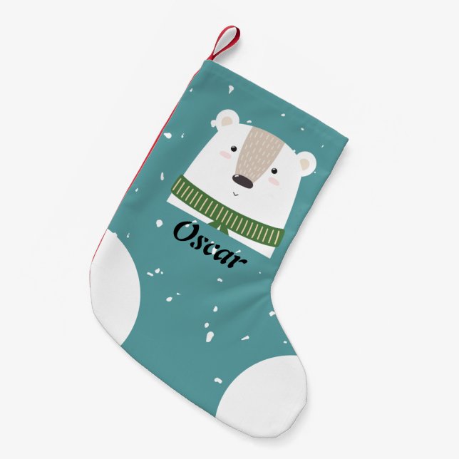 Custom Stylish modern Polar bear in the snow blue Small Christmas Stocking (Front (Hanging))