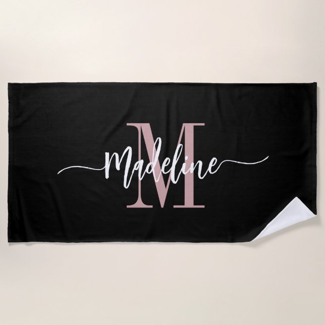 Custom Stylish Monogram Name Script Black Blush Beach Towel (Front)