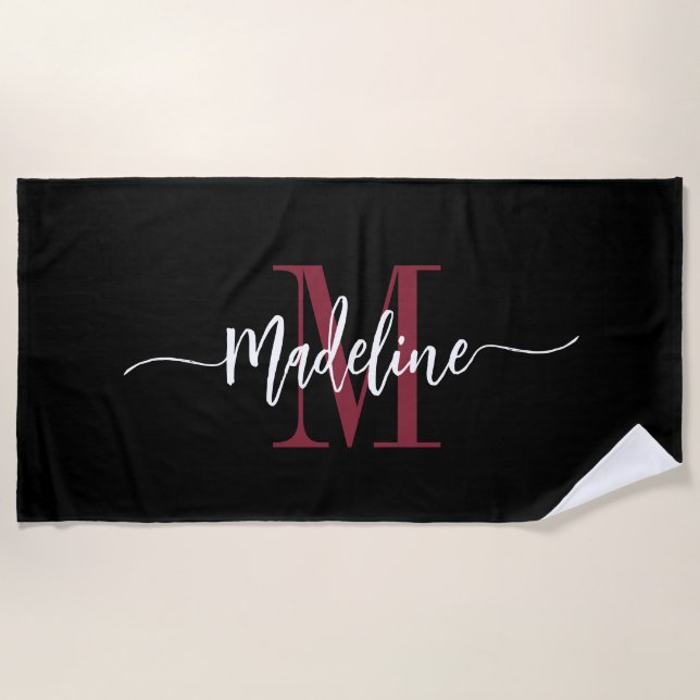 Custom Stylish Monogram Name Script Black Burgundy Beach Towel (Front)