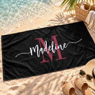Custom Stylish Monogram Name Script Black Burgundy Beach Towel