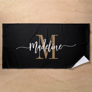 Custom Stylish Monogram Name Script Black Gold Beach Towel