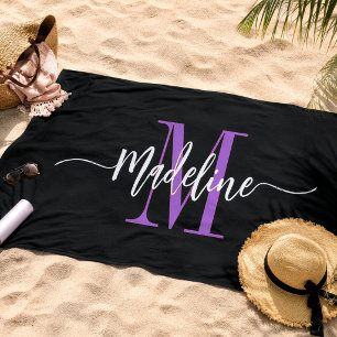 Custom Stylish Monogram Name Script Black Purple Beach Towel