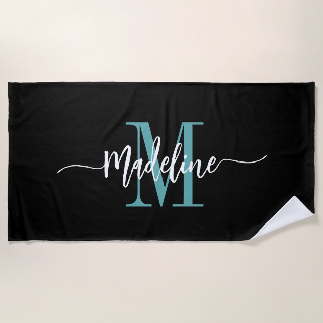 Custom Stylish Monogram Name Script Black Teal Beach Towel (Front)