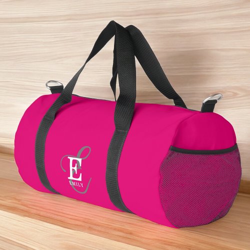 Custom Stylish Monogram Typography Hot Pink Duffle Bag