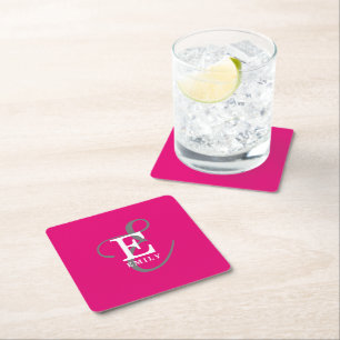 Custom Stylish Monogram Typography Hot Pink Square Paper Coaster