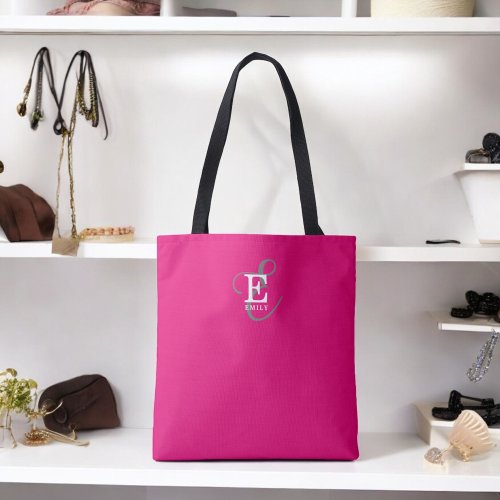 Custom Stylish Monogram Typography Hot Pink Tote Bag