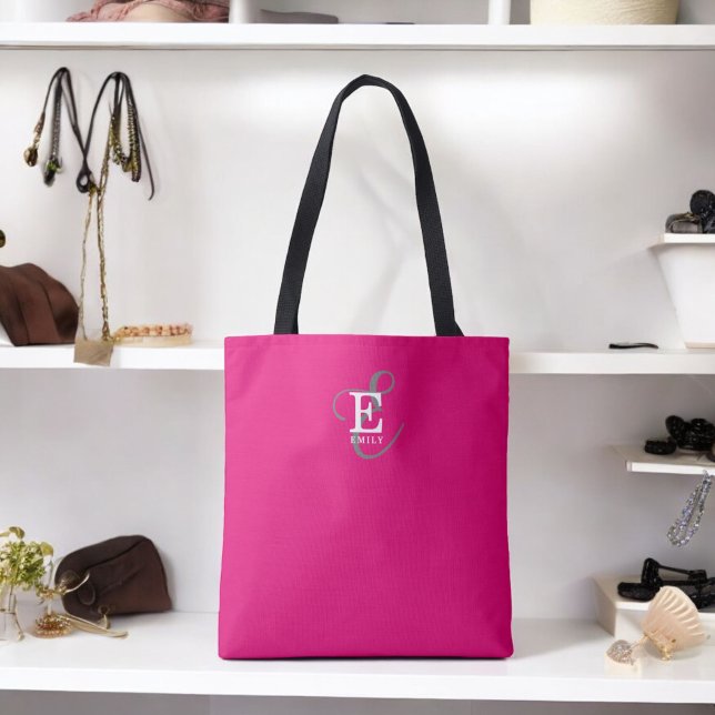 Custom Stylish Monogram Typography Hot Pink Tote Bag (Personalize with your name and monogram initial.)