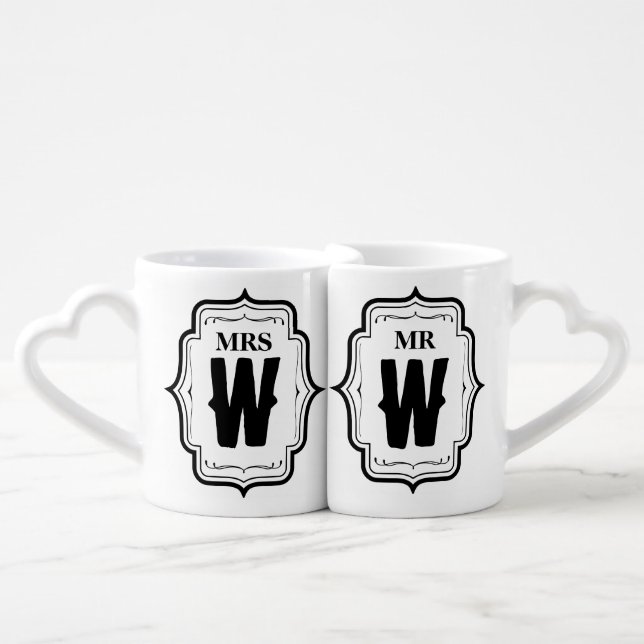CUSTOM Stylish Mr. & Mrs. Last Name Initial Coffee Mug Set (Front Nesting)