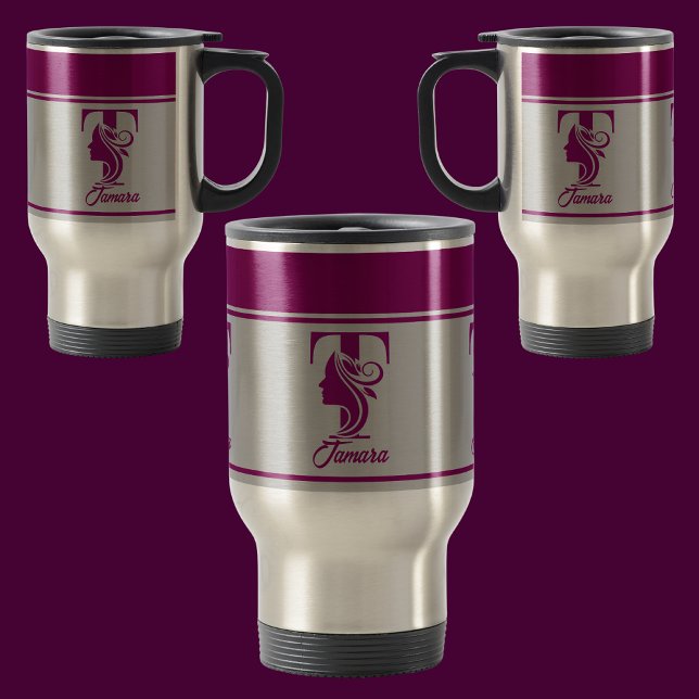 Custom Stylish Pink Name Monogram Letter (T) Travel Mug (Creator Uploaded)