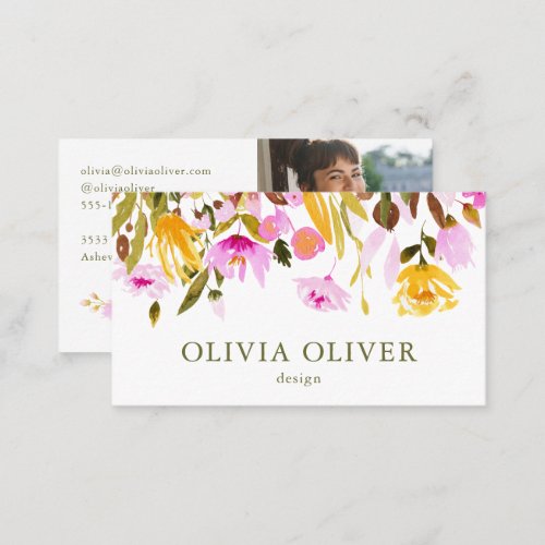 Custom Stylish Pink Watercolor Floral Photo Business Card