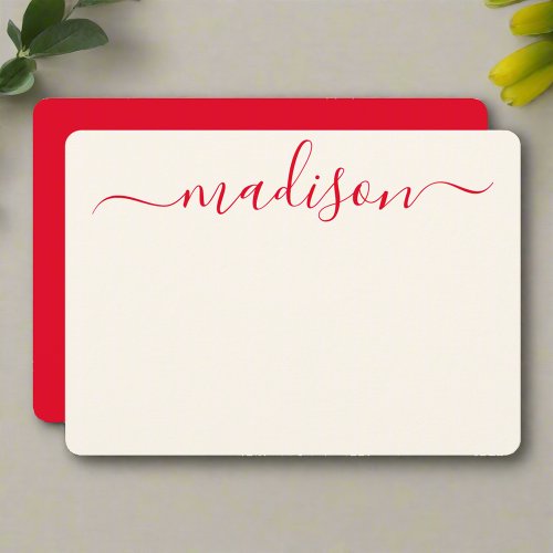 Custom Stylish Red Typography Girly Initial Name  Note Card