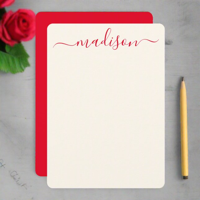 Custom Stylish Red Typography Script Name Initial Note Card (Creator Uploaded)