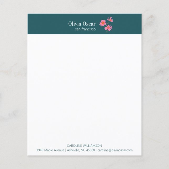 Custom Stylish Teal Floral Business Stationery (Front)