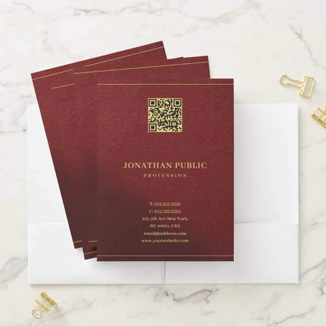 Custom Stylish Template Gold Text QR Code Pocket Folder (In Situ)