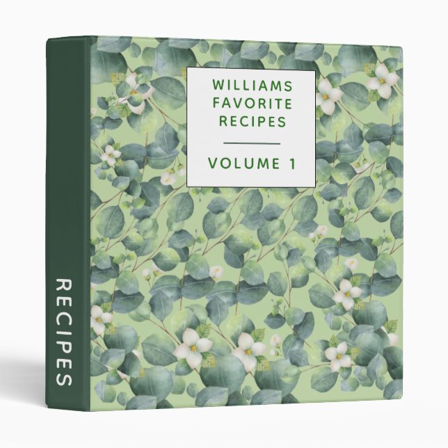 Custom Stylish watercolor eucalyptus Pretty Recipe 3 Ring Binder (Front/Spine)