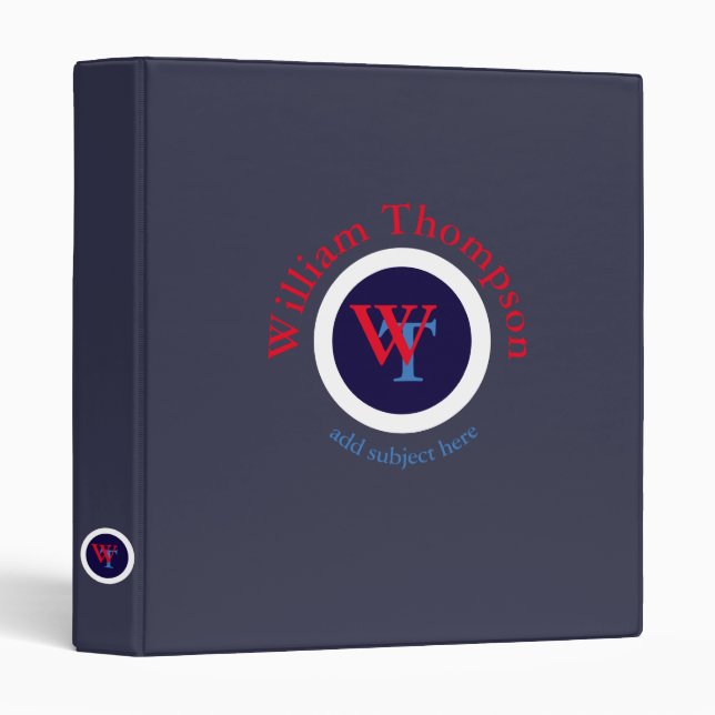 custom, subject & name, blue/red monogram 3 ring binder (Front/Spine)