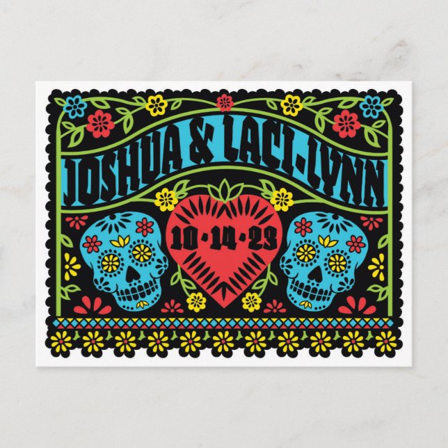 Custom Sugar Skulls Save the Date postcard (Front)