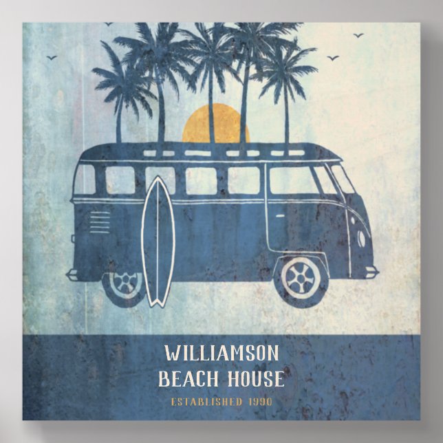 Custom Summer Beach House Retro Van Monogrammed Wood Photo Tile (Front Set)