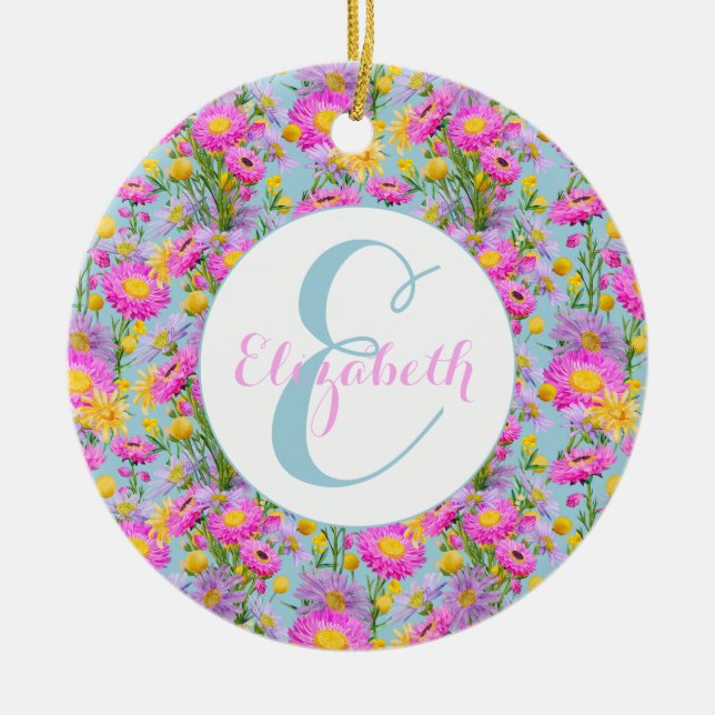 Custom Summer Cottage Garden Blue Ceramic Ornament (Front)