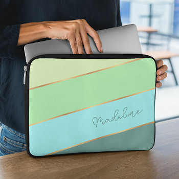 Custom Summer Green Seaglass Blue Yellow Stripe Laptop Sleeve by CaseConceptCreations at Zazzle