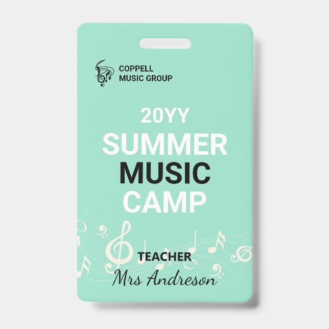 Custom Summer Music Camp Teacher ID Badge (Front)