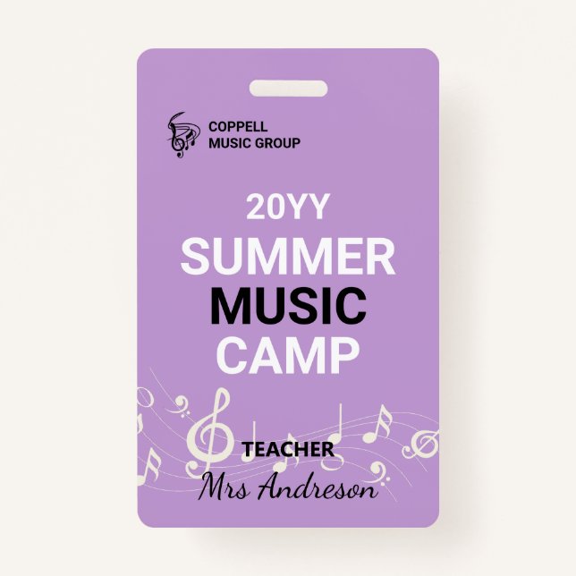 Custom Summer Music Camp Teacher ID Badge (Front)