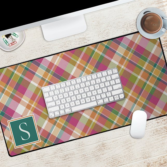Custom Summer Orange Pink Teal Green Plaid Pattern Desk Mat (Creator Uploaded)