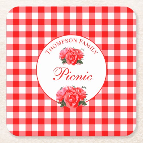 Custom Summer Picnic Red Gingham Check Square Paper Coaster