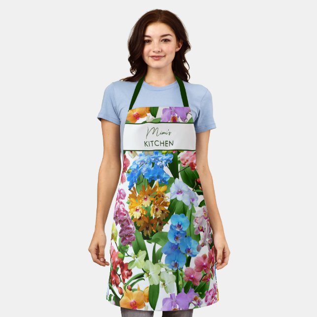 Custom Summer Tropical Floral Orchids Colorful Apron (Worn)
