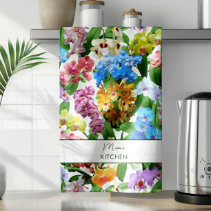 Custom Summer Tropical Floral Orchids Colorful Kitchen Towel
