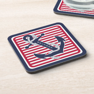 Custom Summery Retro Boat Anchor Stripes Pattern Beverage Coaster