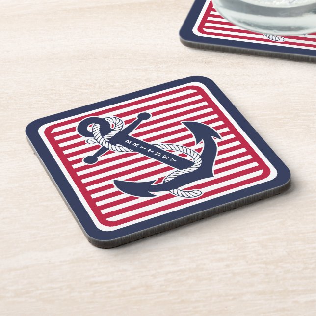 Custom Summery Retro Boat Anchor Stripes Pattern Beverage Coaster (Left Side)
