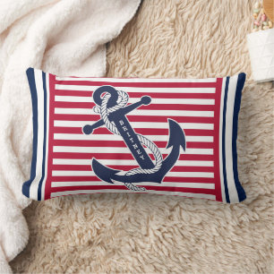 Custom Summery Retro Boat Anchor Stripes Pattern Lumbar Pillow