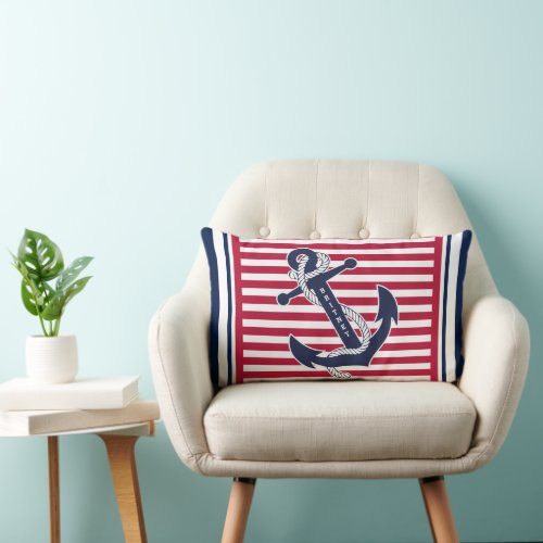 Custom Summery Retro Boat Anchor Stripes Pattern Lumbar Pillow