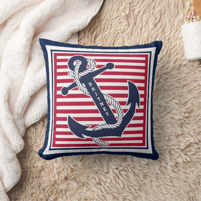 Custom Summery Retro Boat Anchor Stripes Pattern Throw Pillow (Blanket)