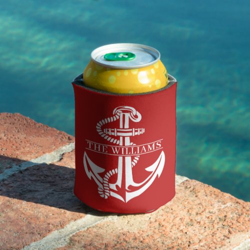 Custom Summery White Nautical Anchor On Dark Red Can Cooler