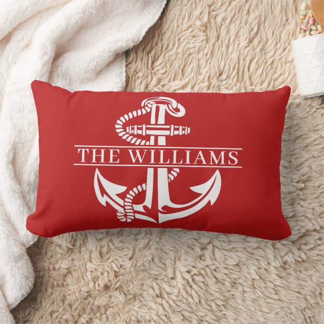 Custom Summery White Nautical Anchor On Dark Red Lumbar Pillow (Blanket)
