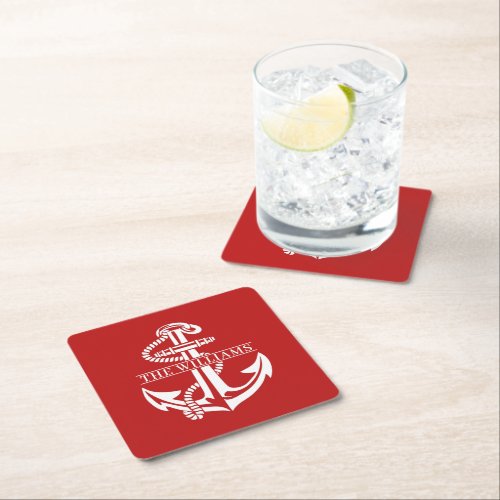 Custom Summery White Nautical Anchor On Dark Red Square Paper Coaster