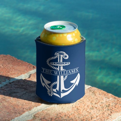 Custom Summery White Nautical Anchor On Navy Blue Can Cooler