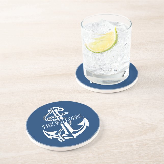Custom Summery White Nautical Anchor On Navy Blue Coaster (Side)