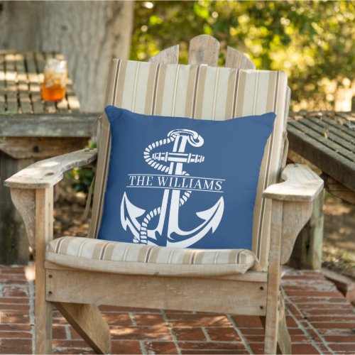 Custom Summery White Nautical Anchor On Navy Blue Outdoor Pillow