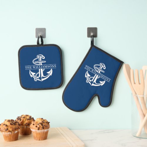 Custom Summery White Nautical Anchor On Navy Blue Oven Mitt  Pot Holder Set